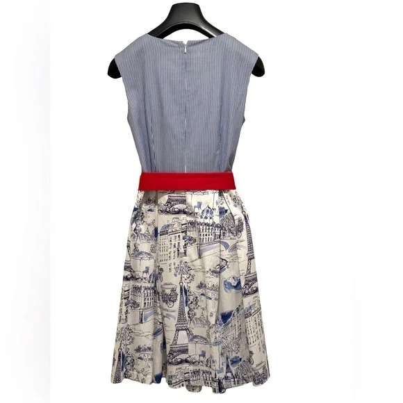 Chetta B EUC Size 6 Blue & White Paris Themed Sleeveless Retro Mini Dress (0676) - Picture 6 of 13